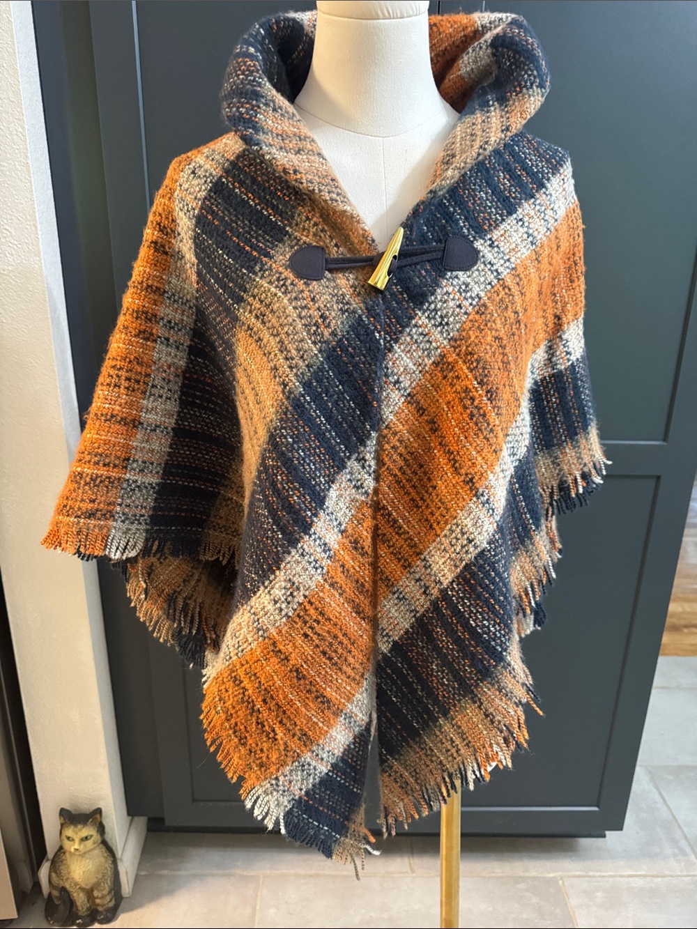 Plaid Hooded Poncho with Toggle Closure in Orange & Navy